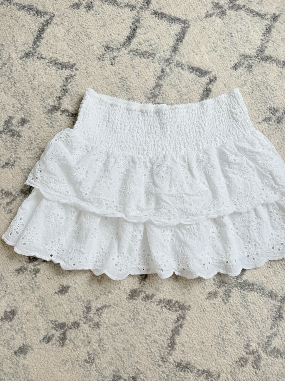 Tiered White Eyelet A-Line Mini Skirt with Smocked Waist
